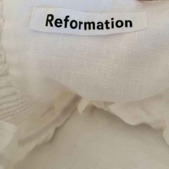 Reformation Dress Womens Midi 100% Linen With Ruffle Straps Smocked Back Sz 12 - Picture 11 of 15